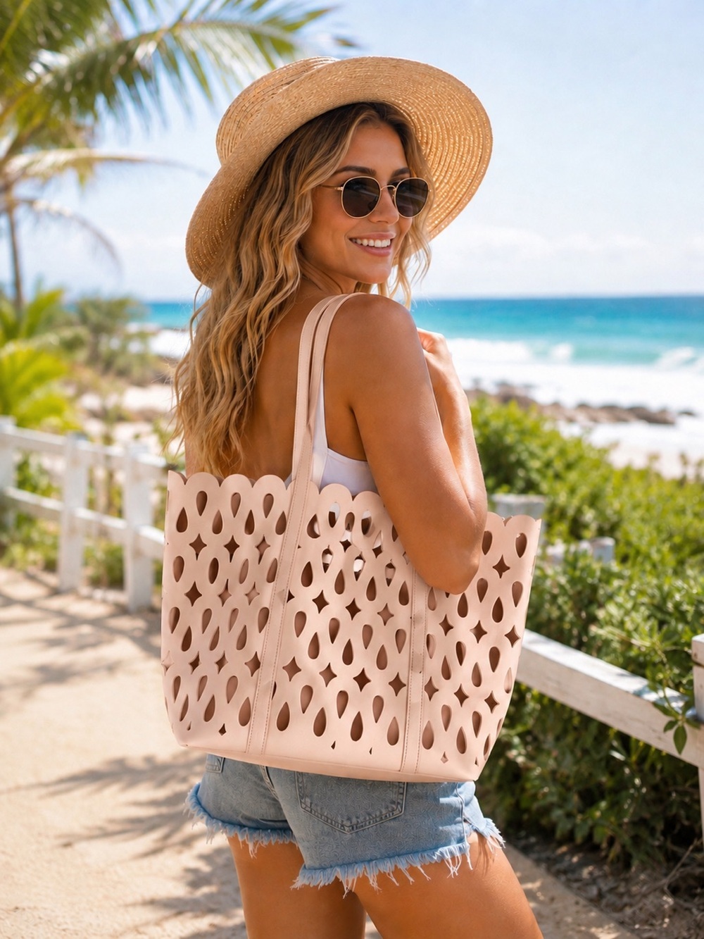 Blush Pink Laser Cut Tote Bag Faux Leather Filigree Beach Shopper Handbag NWT.